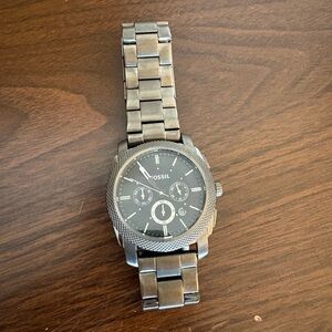 Fossil Black Dial Silver Band Watch